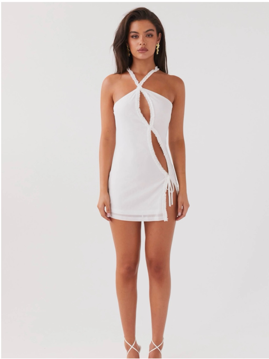 Peppermayo White Twist Cutout Halter Mini Dress
